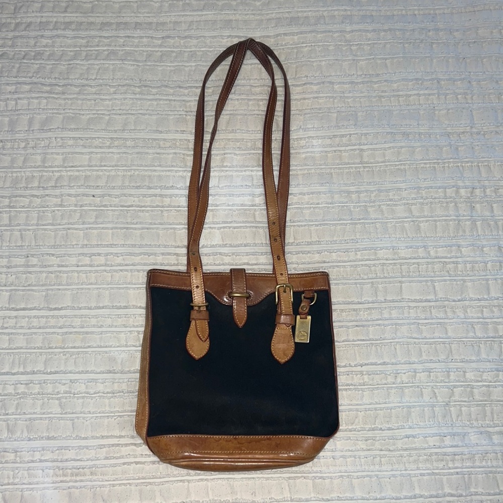 Vintage Dooney & Bourke purse black canvas, brown leather trim, brass hardware